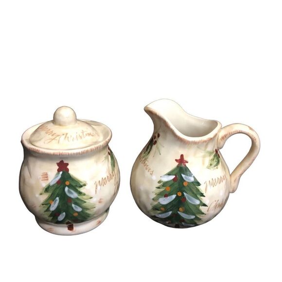 Merry “Country” Christmas Hand Painted Ceramic Creamer and Sugar Bowl. - Picture 2 of 8